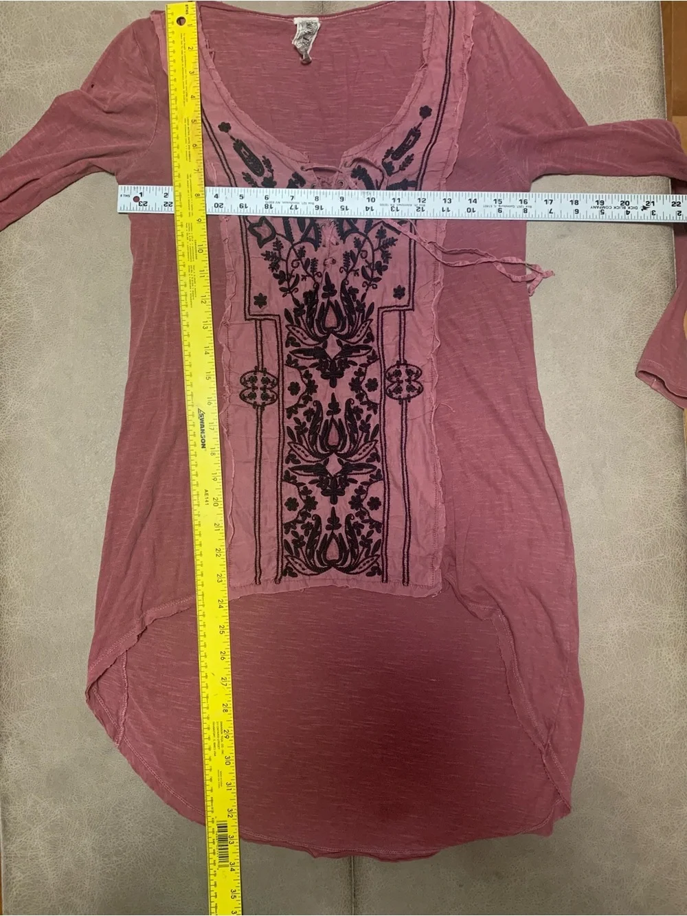 Vintage Free People Mauve Rose Embroidered Distressed Boho Hi Low Top Size XS